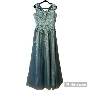 JAEDEN formal green a line v neck floral tulle dress prom wedding bridesmaid NWT